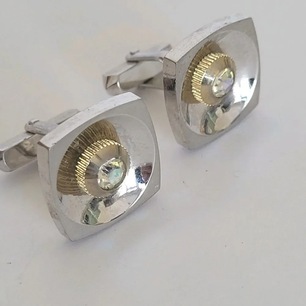 Silver Tone Logo Cufflinks Vintage Square Retro Circonia Space Age Mid Century‎